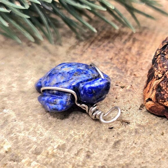 Nature Lapis Lazuli Carved Cute Turtle Wire Wrapped Pendant Necklace - Picture 10 of 10